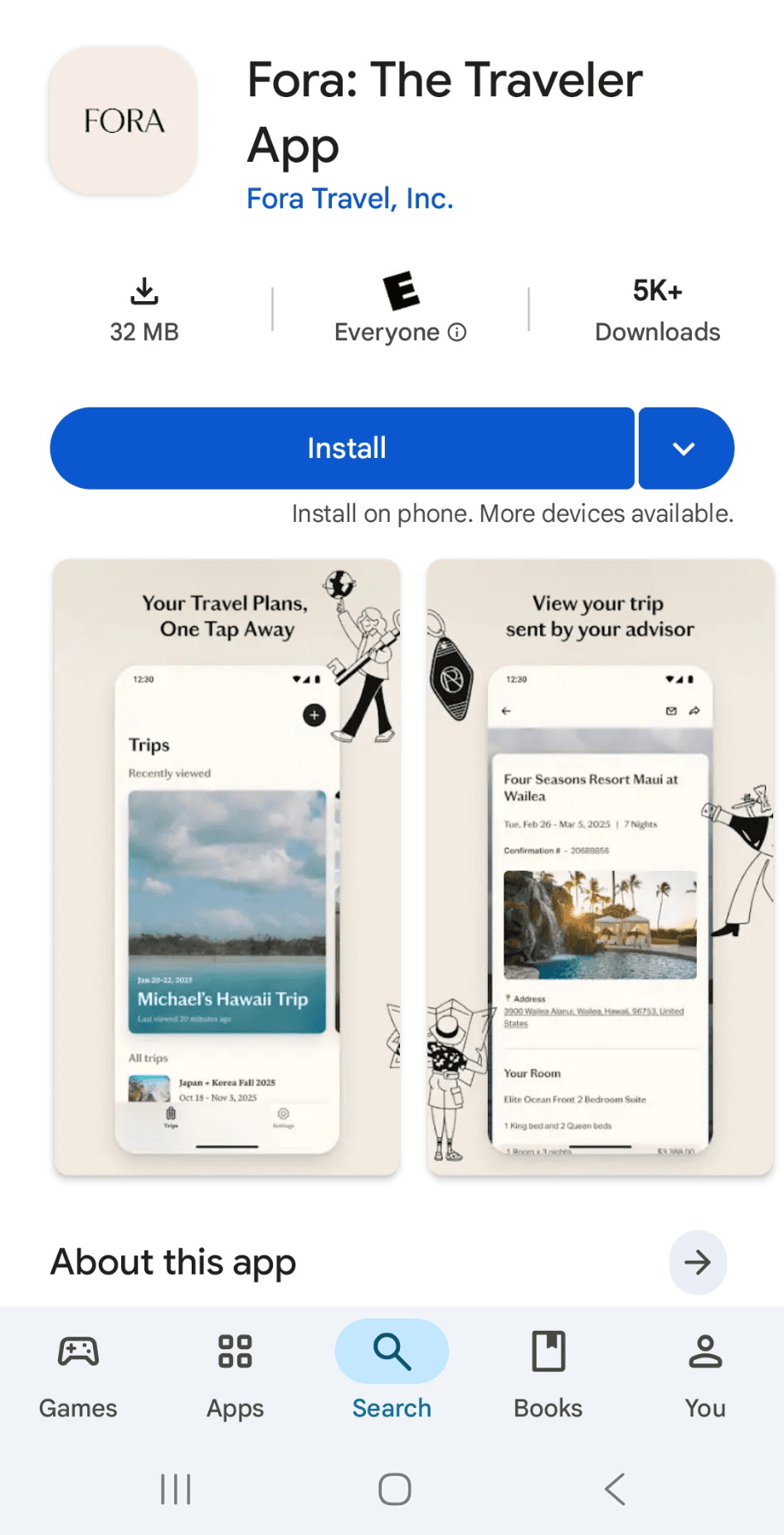 The Fora Traveler App listing in the app store with the app name, icon, and download button.