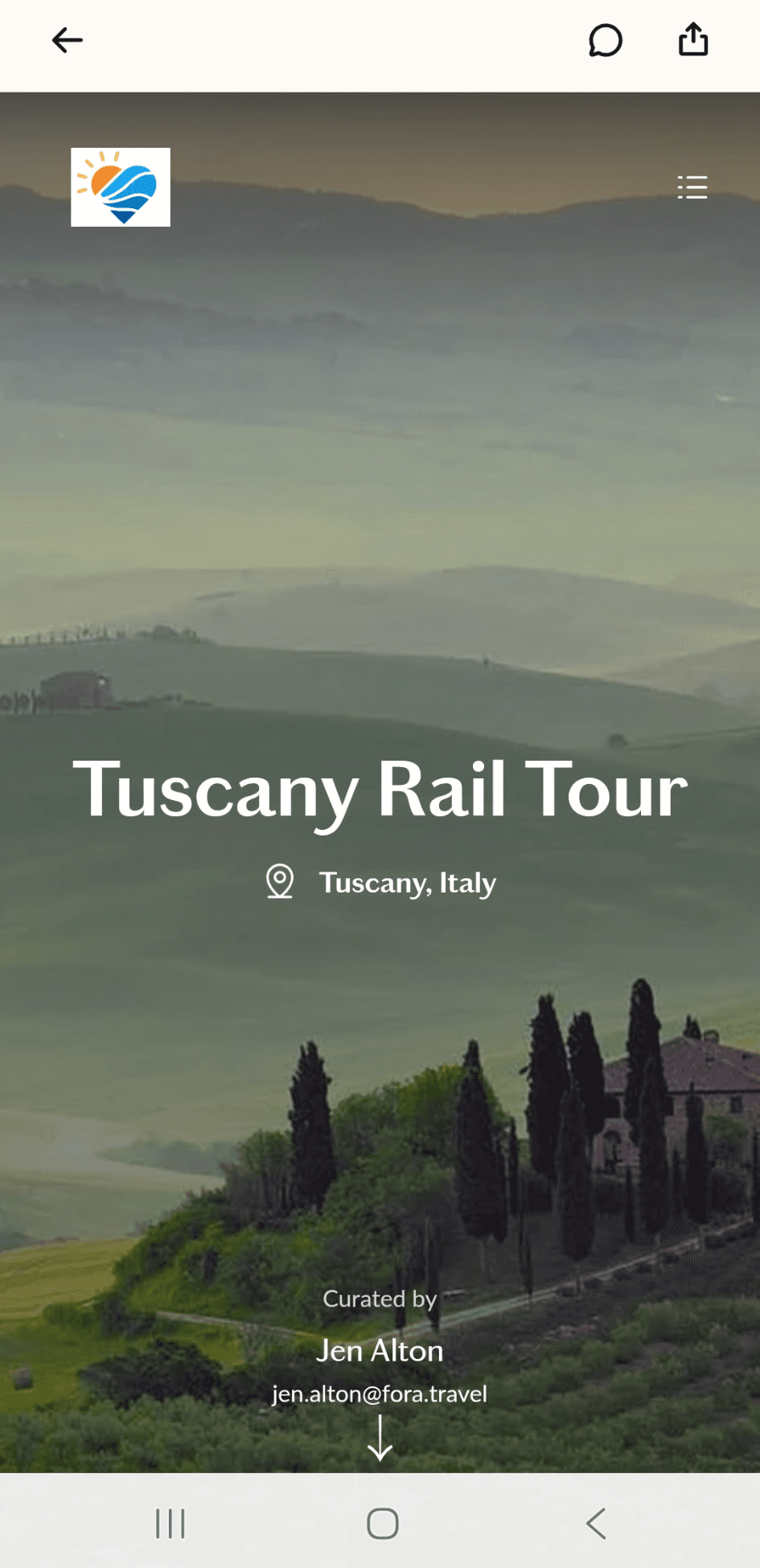 The Fora Traveler App displaying an open itinerary with trip details visible.