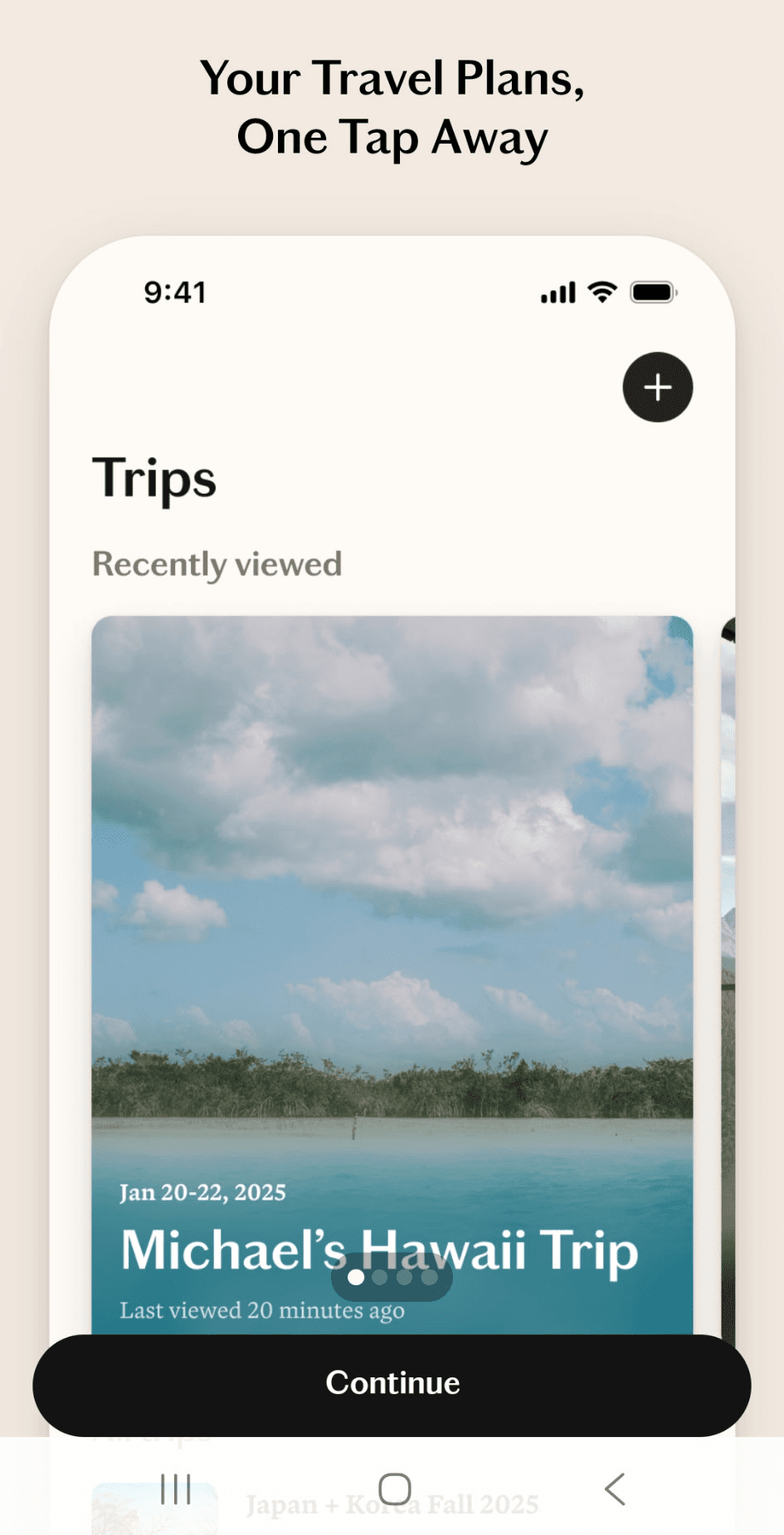 The Fora Traveler App welcome tutorial screen with introductory text and a Continue button.