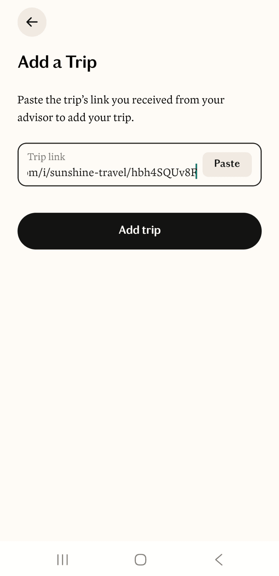 The Fora Traveler App add trip screen with an itinerary link filled in the text field and an Add Trip button.