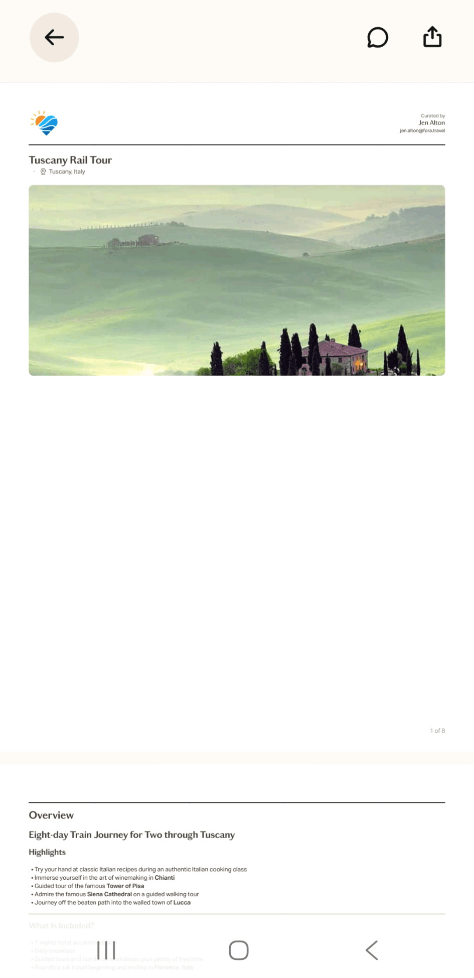 The Fora Traveler App displaying a trip itinerary while the device is in offline mode.